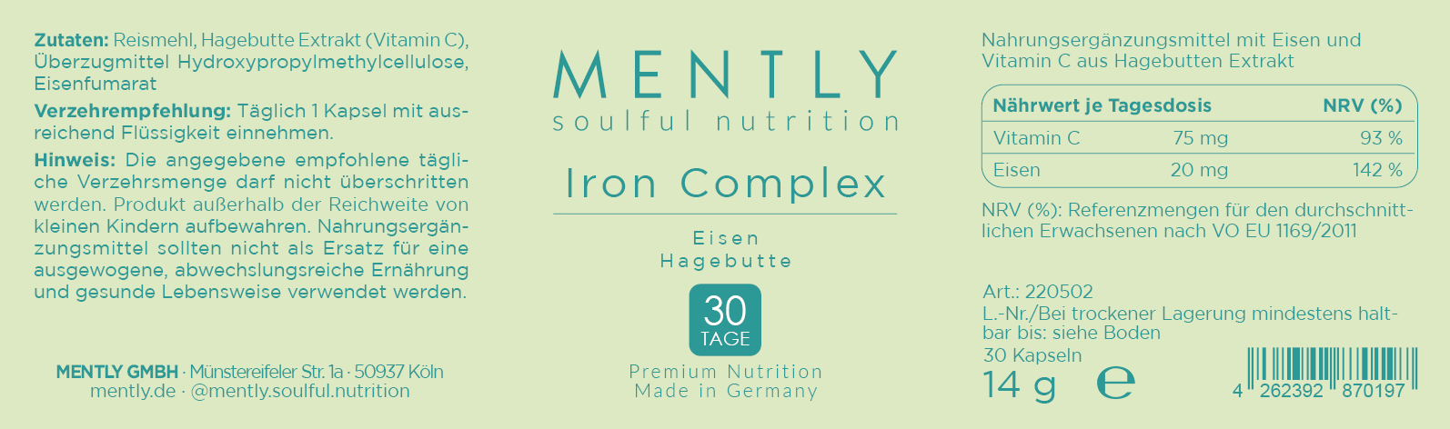 Mently Nahrungsergänzungsmittel Iron Complex