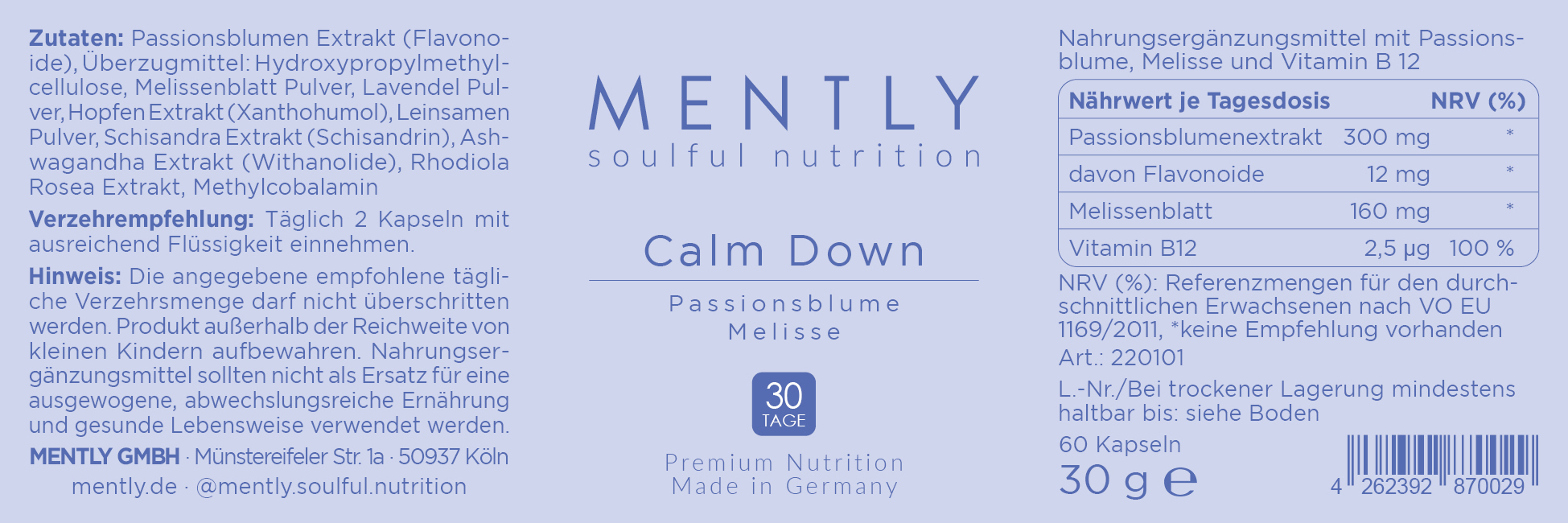 Mently Nahrungsergänzungsmittel Calm Down