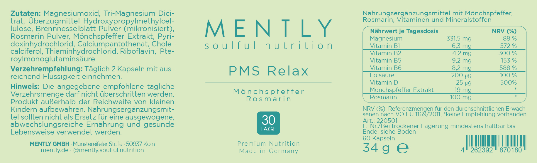 Mently Nahrungsergänzungsmittel PMS Relax