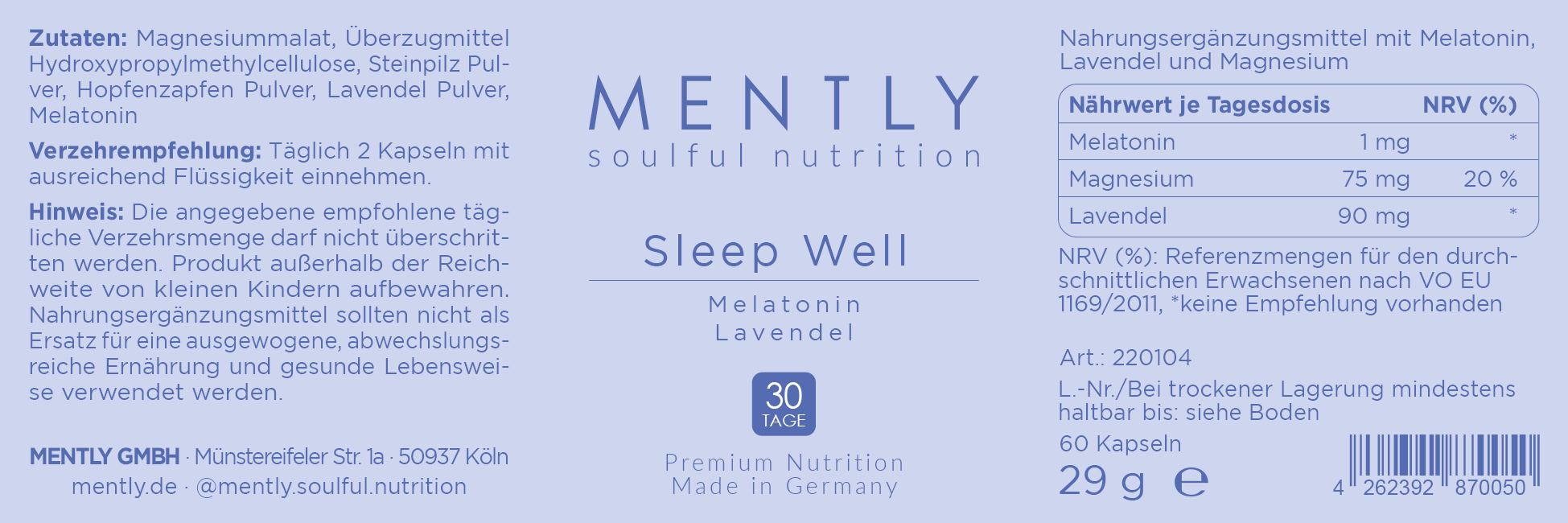 Mently Nahrungsergänzungsmittel Sleep Well 