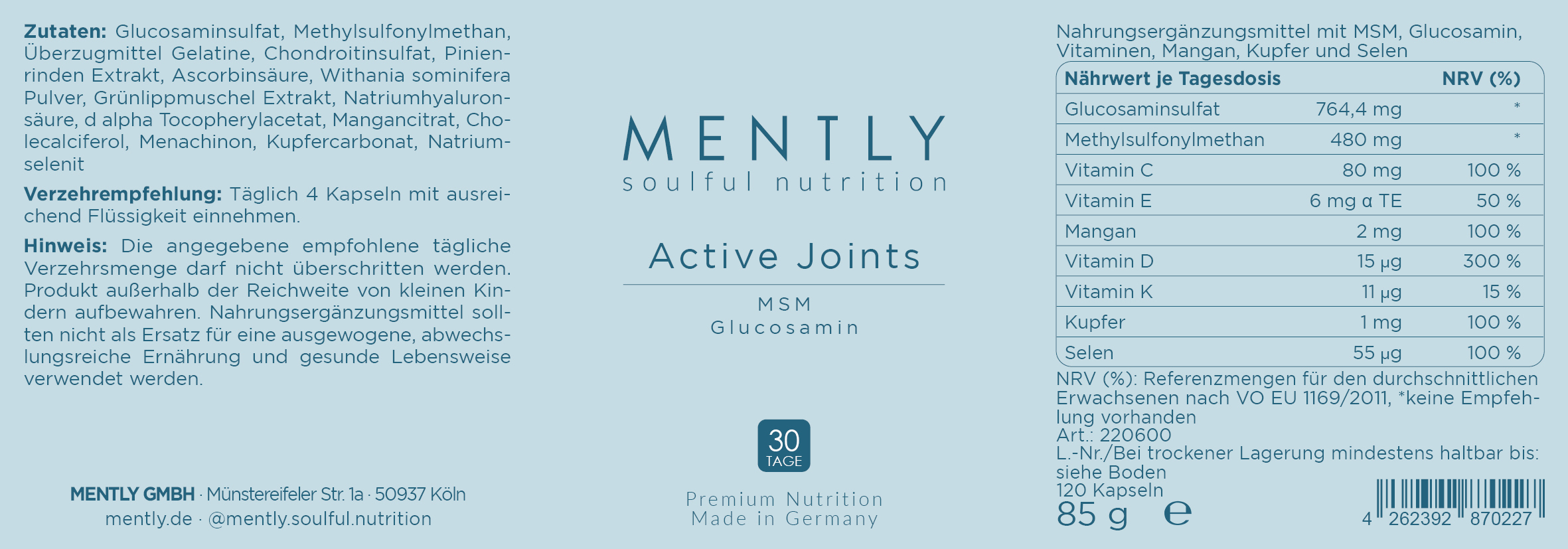 Mently Nahrungsergänzungsmittel Active Joints 