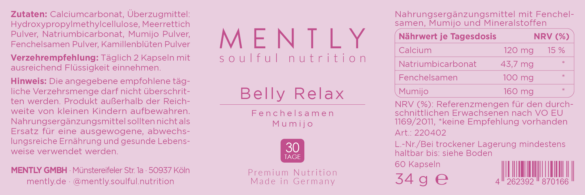 Mently Nahrungsergänzungsmittel Belly Relax